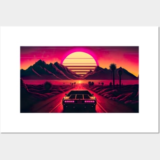 80s Car Driving Towards Synthwave Sunset Through A Desert Posters and Art